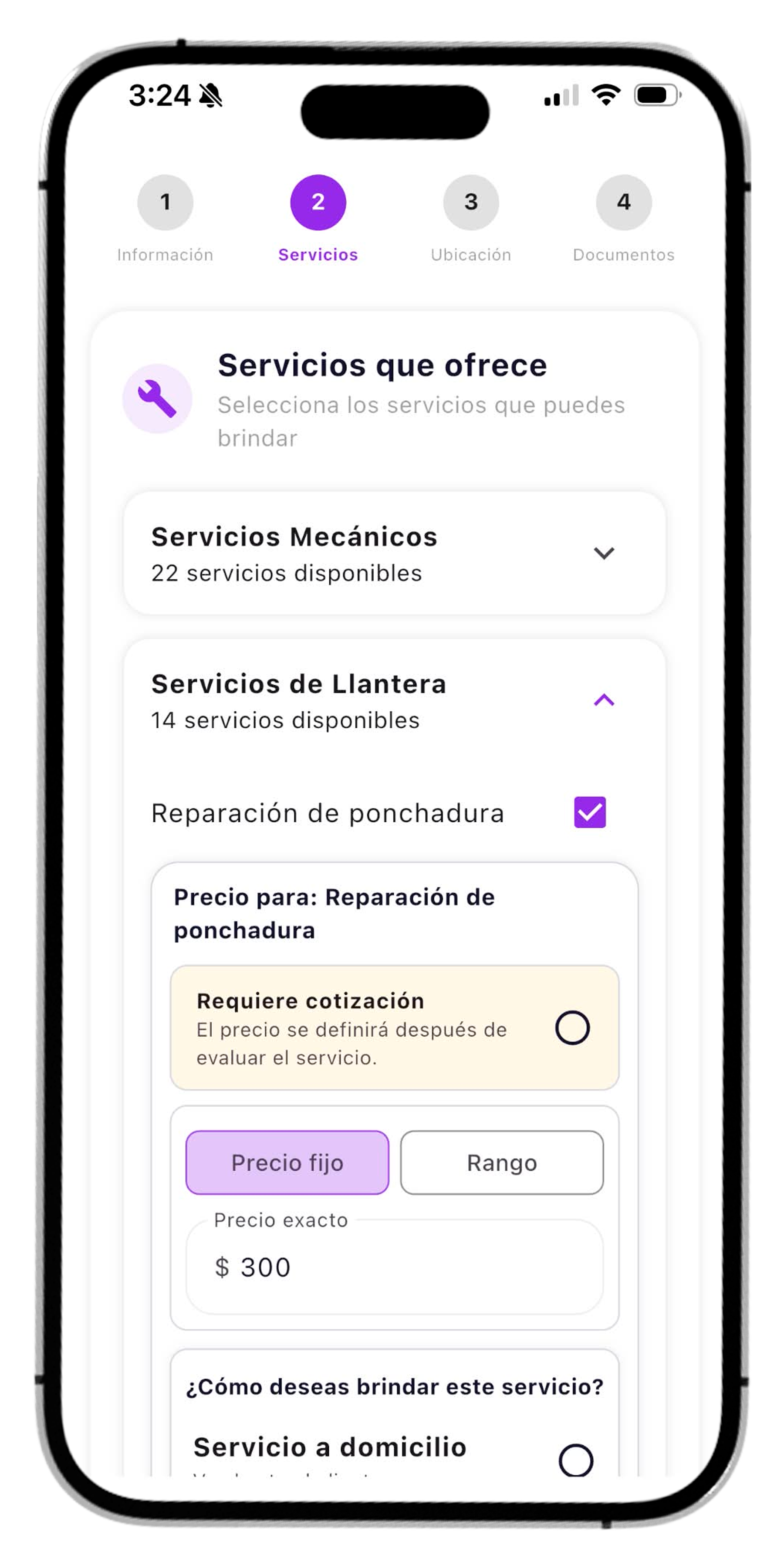 Selección de servicios y precios para proveedores en venVoy