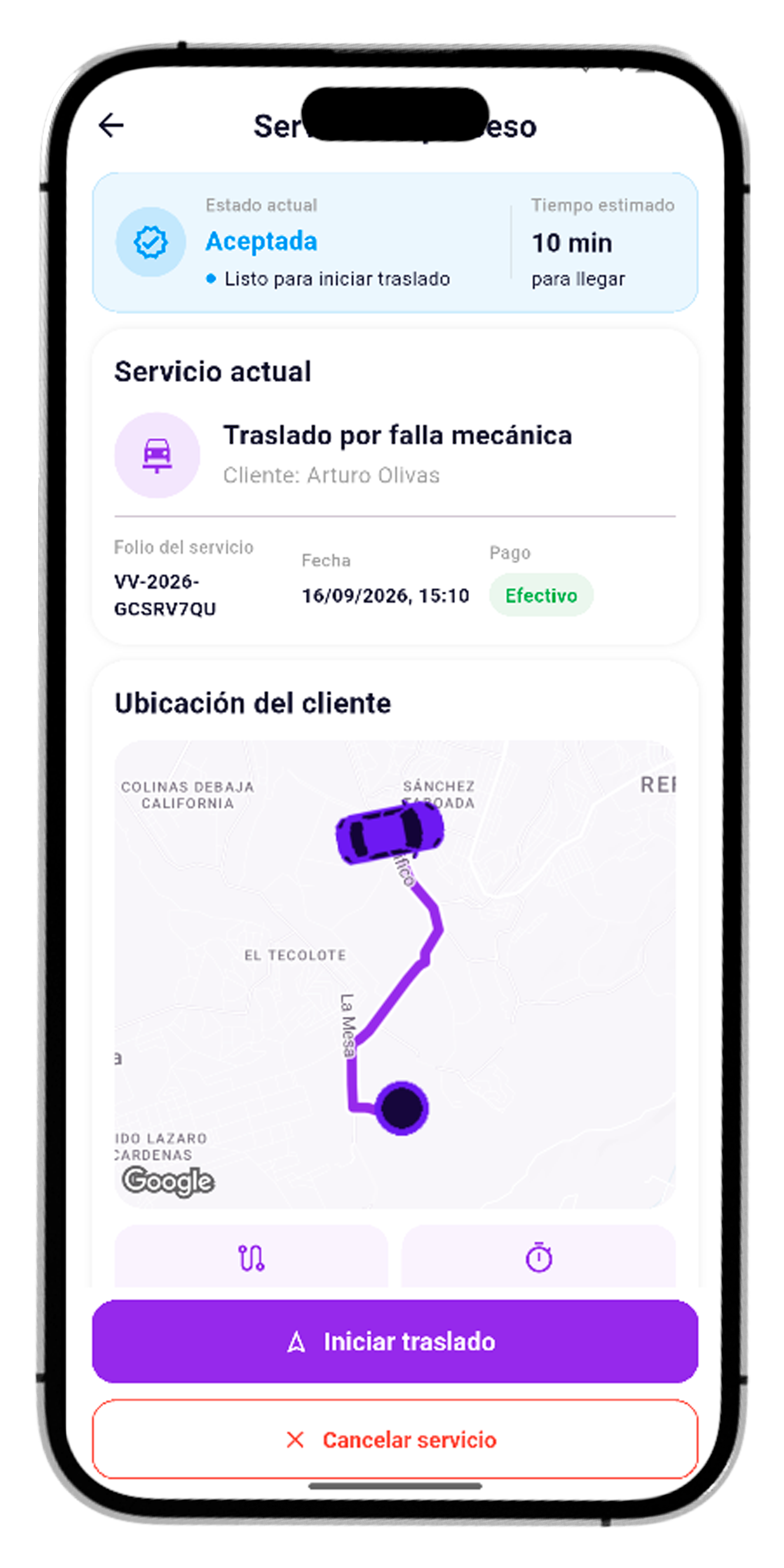 Aceptación de solicitud, traslado y finalización del servicio para proveedores en venVoy